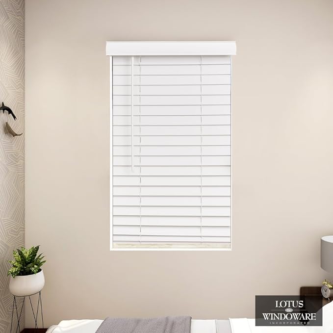 LOTUS & WINDOWARE Cordless Faux Wood Blinds – 48" x 60", 2" Horizontal Slats, Smooth Snow White